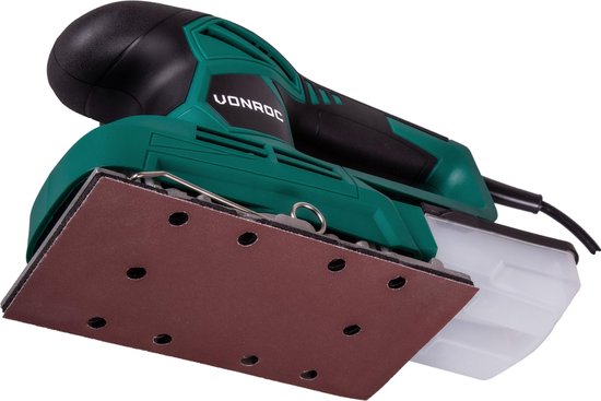 Ponceuse orbitale VONROC 240W - 90x187mm - Avec bac de récupération des poussières et 12 morceaux de papier de verre