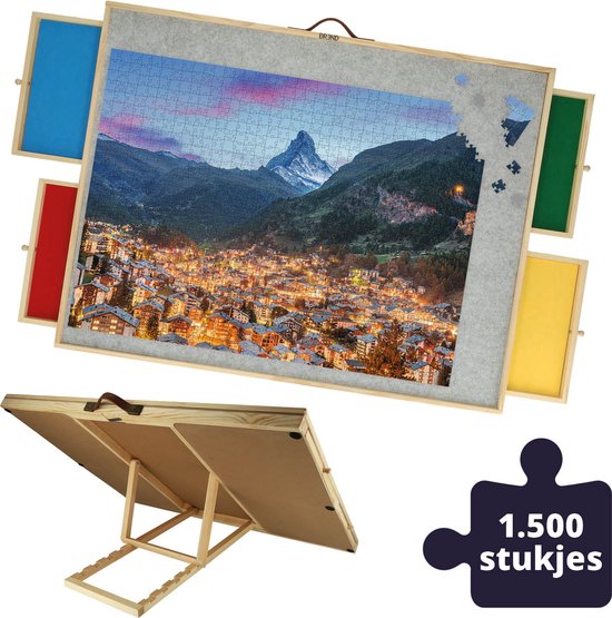 BREND BR-2224 Plateau de puzzle réglable avec 4 tiroirs pour 1500 pièces - Plateau de puzzle avec couvercle transparent - Table de puzzle avec feutre et système de rangement