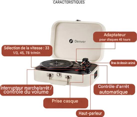 Denver Record Player - Haut-parleurs et amplificateur intégrés - Logiciel PC inclus - Auto-stop - Retro - VPL130