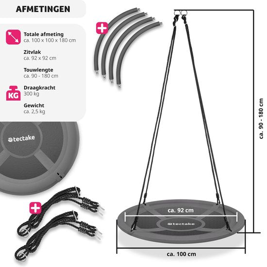 tectake® - Balançoire à litière - Capacité de charge du panier jusqu'à 300 kg - Balançoire pour enfants et adultes - Balançoire de jardin extérieur ou chaise suspendue intérieure - Jouets pour le jardin ou la chambre d'enfant - Ø 100 cm