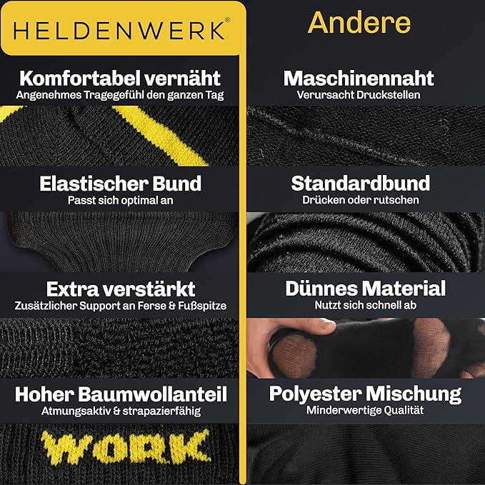 Hero work 10 paires de chaussettes de travail pour hommes - Renforcées, coton respirant, ceinture confortable - Taille 47-50