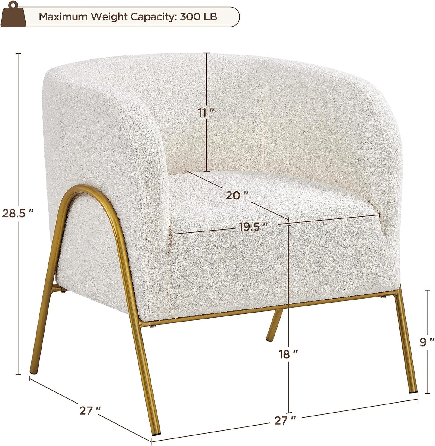 Yaheetech : fauteuil d'appoint de luxe de style « barrel », en bouclé - pieds en V dorés - ivoire - 69 x 69 x 72 cm