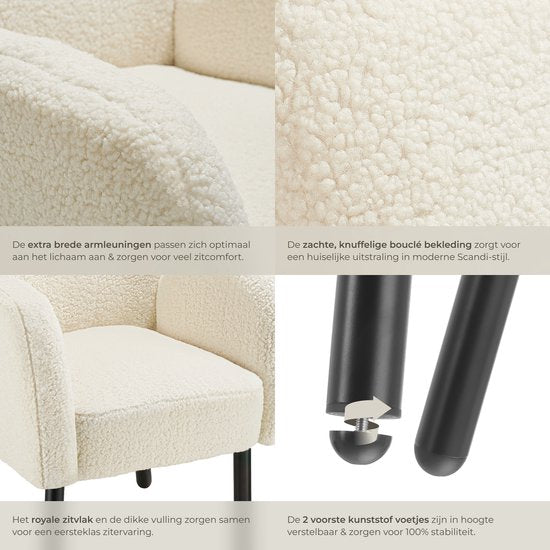 tectake® - Fauteuil Vänersborg - Fauteuil relax épais avec revêtement bouclé - Fauteuil lounge avec accoudoirs larges et dossier ergonomique - Pieds réglables en hauteur avec protection du sol - Beige/crème
