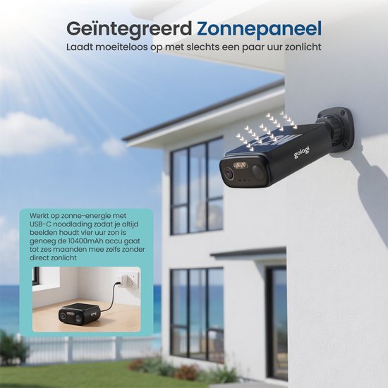 Caméra de sécurité d'extérieur Gologi Solar Premium - 10 400 mAh - 2,5K - Vision nocturne - Détection de mouvement - Caméra de surveillance - Panneau solaire - Sans fil - USB-C - Wi-Fi et application - Noir