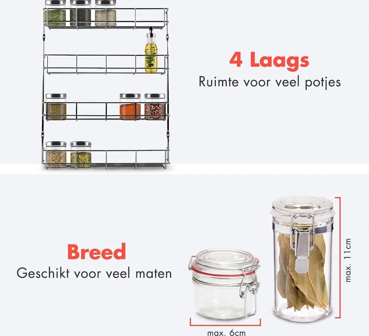 Support à épices suspendu pour 32 pots d'épices KitchenBrothers - Support de cuisine - Organisateur d'épices - Stockage d'épices - 4 couches - 40 x 6.3 x 50 cm - acier inoxydable