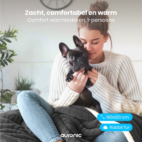 Couverture électrique Auronic - 160 x 120cm - Couverture chauffante - 1 personne - 3 niveaux de chaleur - Peluche - Couverture chauffante - Anthracite