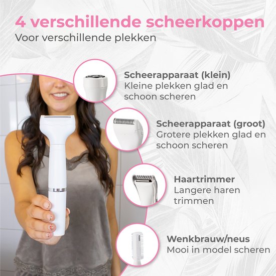 Nuvance - Ladyshave - rasoirs pour femmes - 4 accessoires - avec tondeuse à sourcils - tondeuse bikini - rasoir femme - rasage féminin - blanc