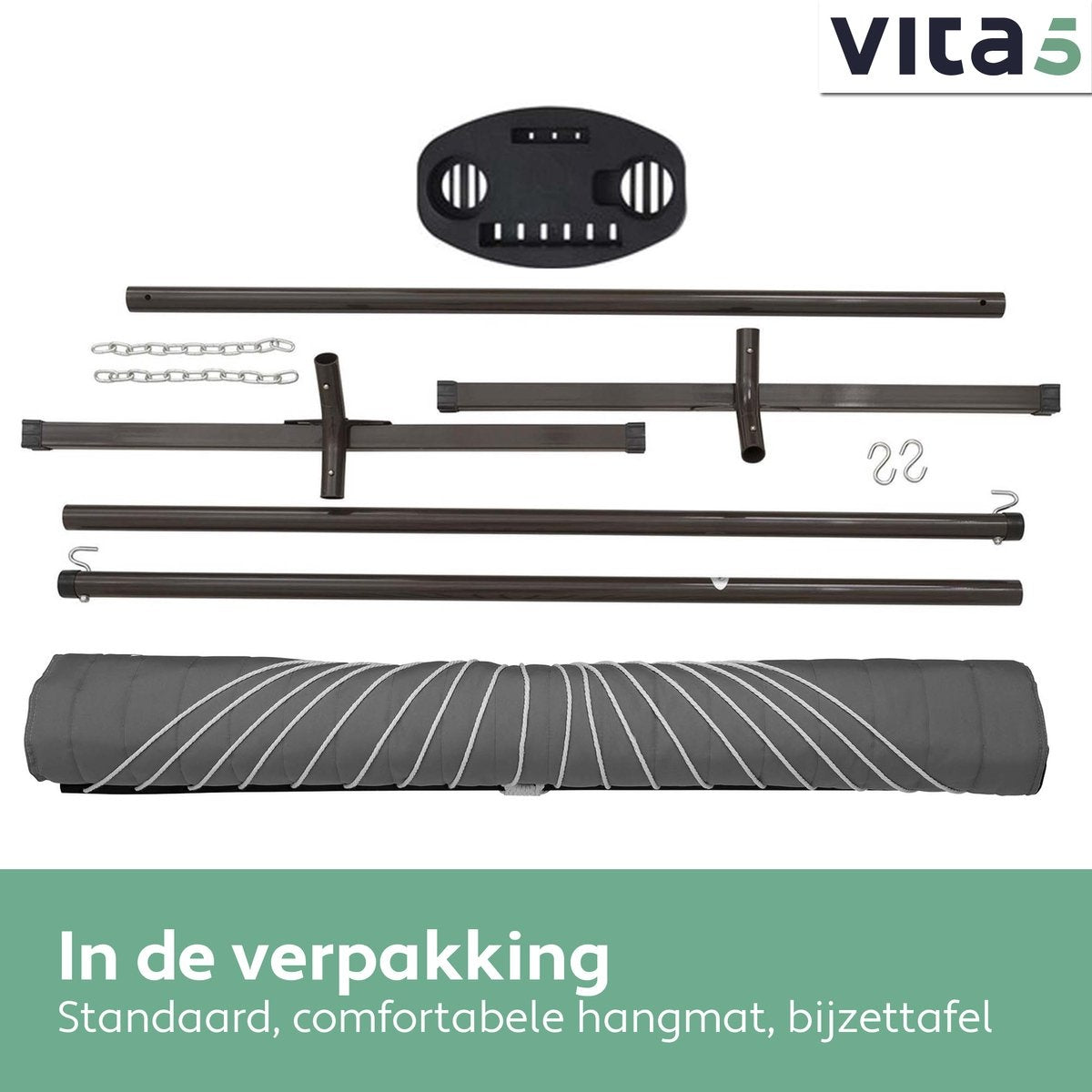 Hamac Vita5 avec support et poteau de déploiement - 2 personnes - avec porte-gobelet - coussin amovible - résistant aux UV - gris foncé