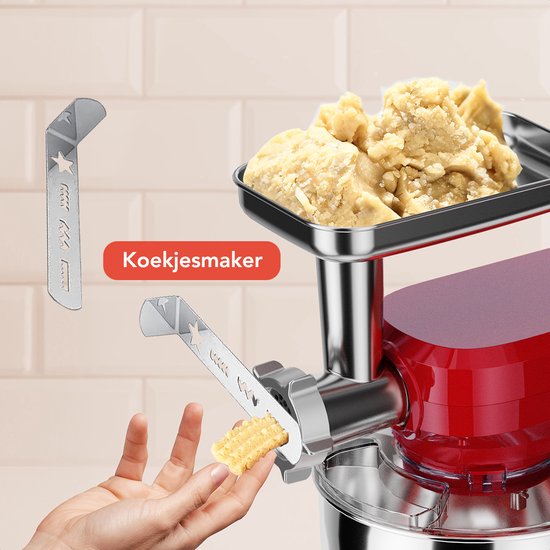 KitchenBrothers Robot de cuisine 6-en-1 - 1500W - Avec hachoir, blender et 15 accessoires - Bol en acier inoxydable de 6,2L - Rouge