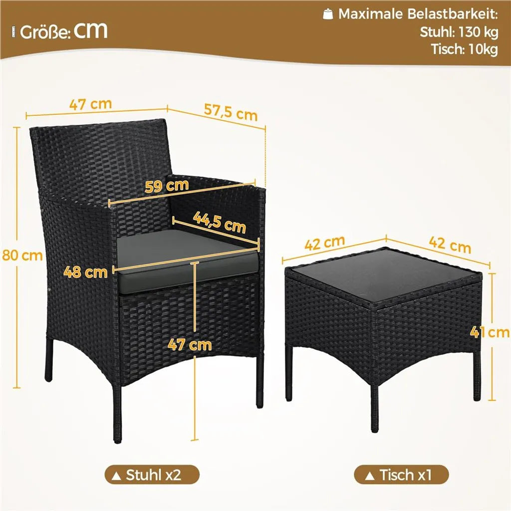 Yaheetech Garden Set 3-Piece - Rattan - Balcony Set - Chairs - Table Black/Grey