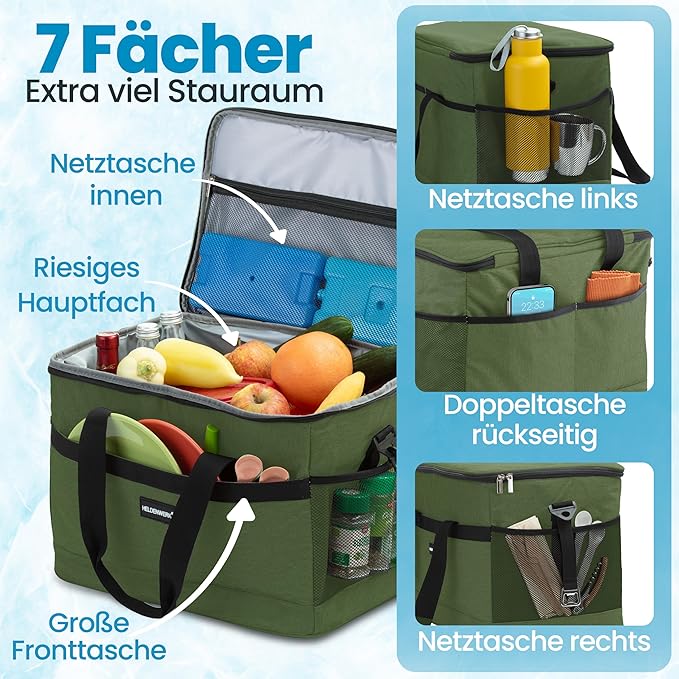 HELDENWERK Grand sac isotherme pliable - Glacière avec capacité de refroidissement jusqu'à 12 heures, étanche et imperméable - Sac thermique, sac à pique-nique, sac à lunch, sac isotherme avec 7 compartiments - fond renforcé - Vert olive