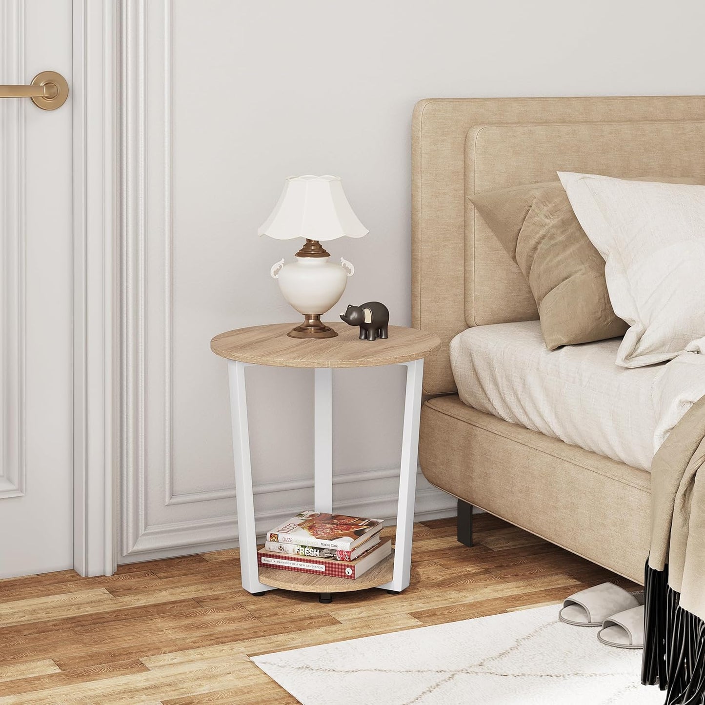 Table basse ronde Woltu - 50x50x53 cm - chêne clair - table d'appoint avec 2 étagères et espace de rangement