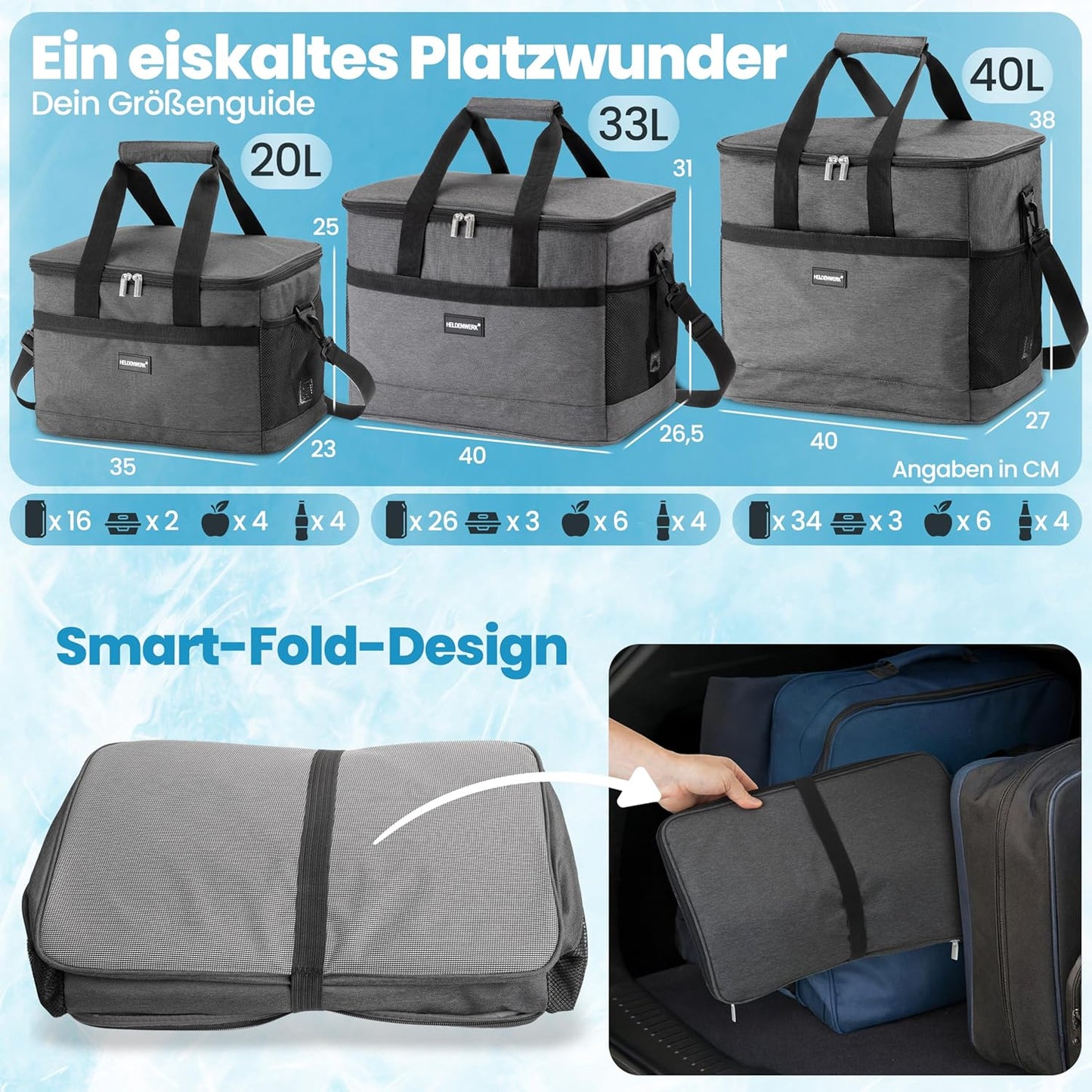 Heroic Grand sac isotherme pliable - Capacité de refroidissement jusqu'à 12 heures - Imperméable et étanche - Avec 7 compartiments