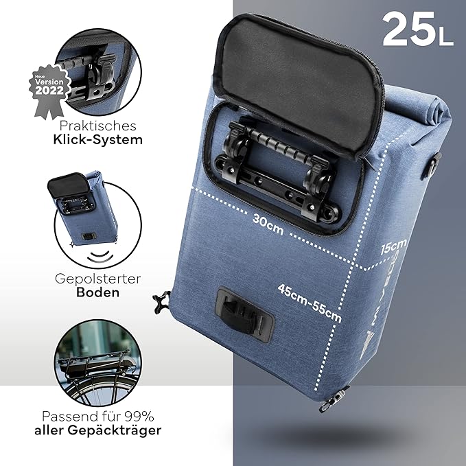 MIVELO - Sacoche pour porte-bagages - 3 en 1 - Capacité de 25 litres - Bleu Jeans & Polyester imperméable - Détails réfléchissants - Pour un usage quotidien