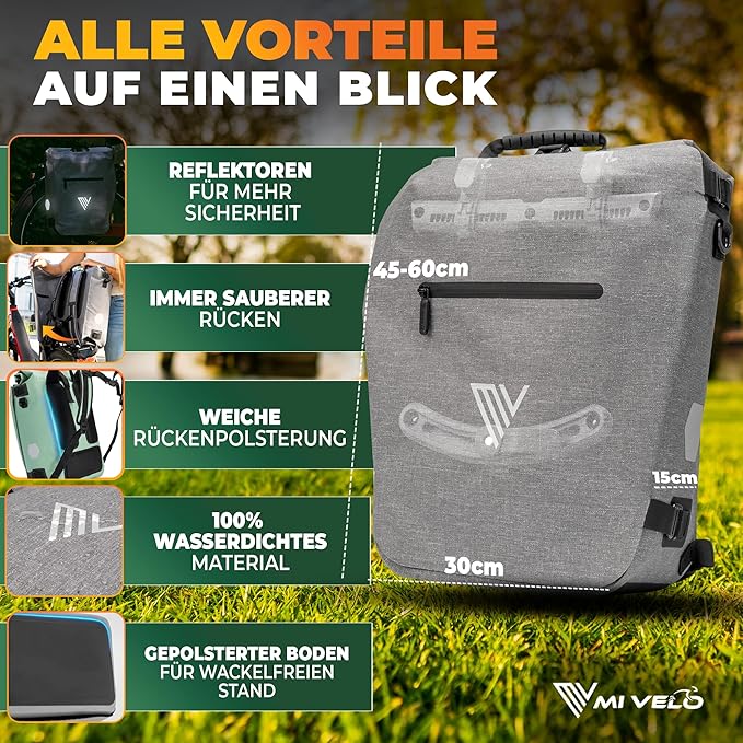 MIVELO Pannier - Sac à dos et sac à bandoulière 3-en-1 - Polyuréthane thermoplastique imperméable - 20 litres - Gris
