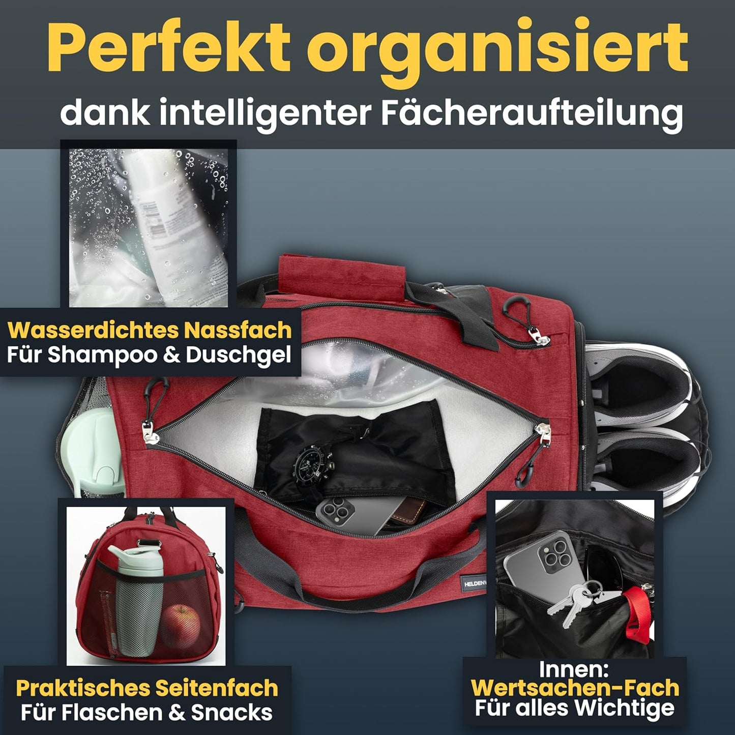 HELDENWERK Sac de sport - Sac de sport avec pochette pour chaussures et pochette étanche pour vêtements mouillés - Sac de sport et de voyage pour femmes et hommes - Sac de sport, de voyage et de week-end - 50L - Rose