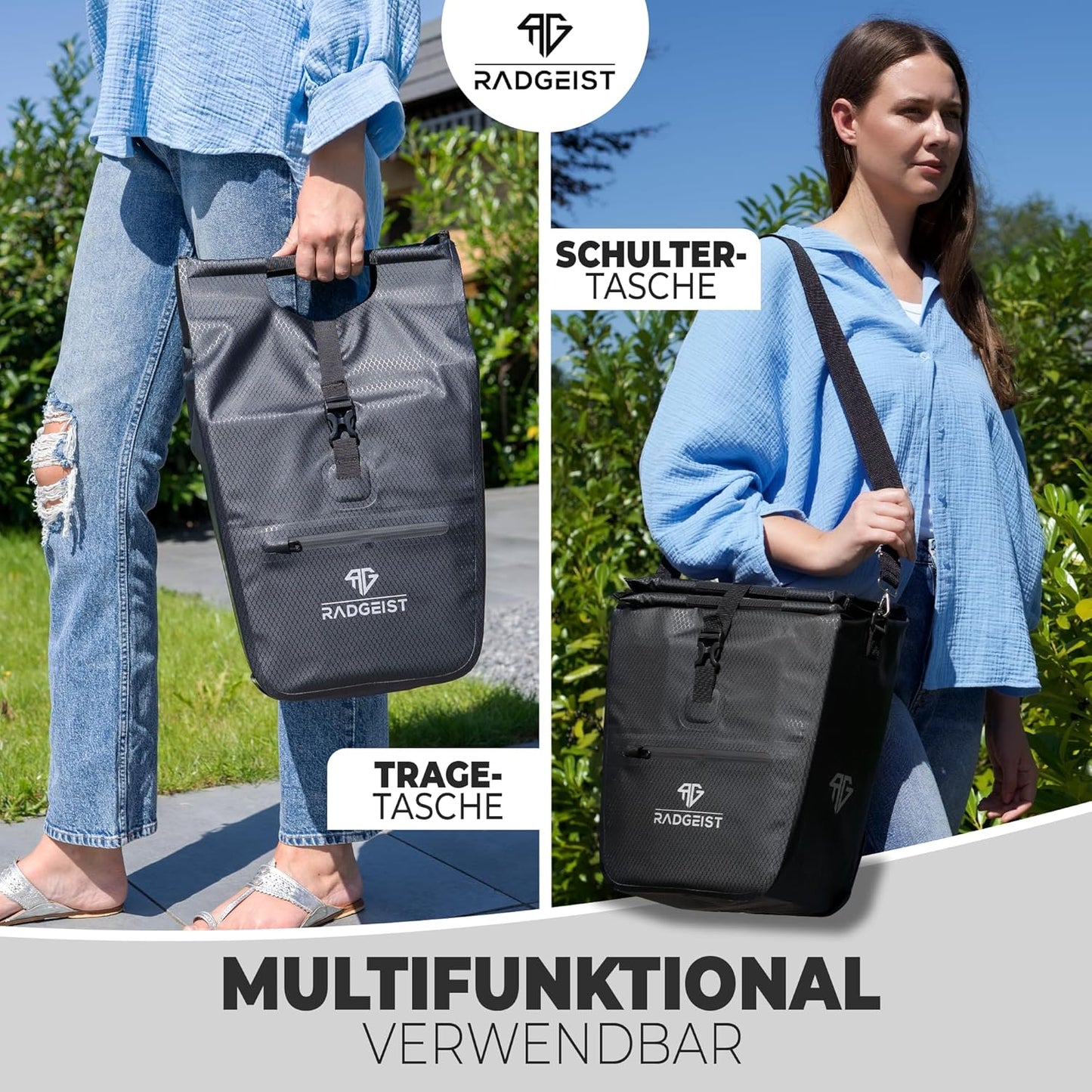 RADGEIST sacoche vélo pour porteur I sacoche vélo shopper avec sac isotherme amovible I sac messager & sac shopping 22-28 litres - noir
