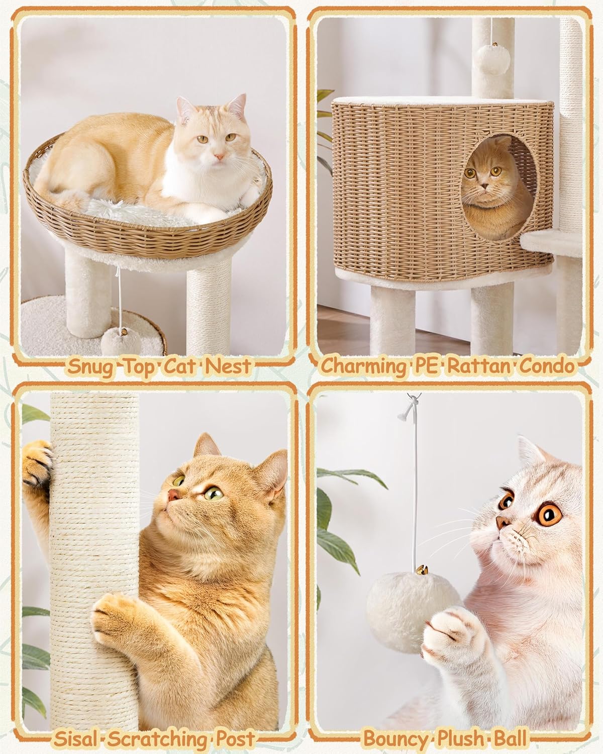 Yaheetech Poste pour chat avec maison en rotin - 49 x 41 x 91 cm - équipé d'un panier de luxe, de griffoirs en sisal et de tapis amovibles - pour chatons et chats adultes - en rotin beige et en peluche