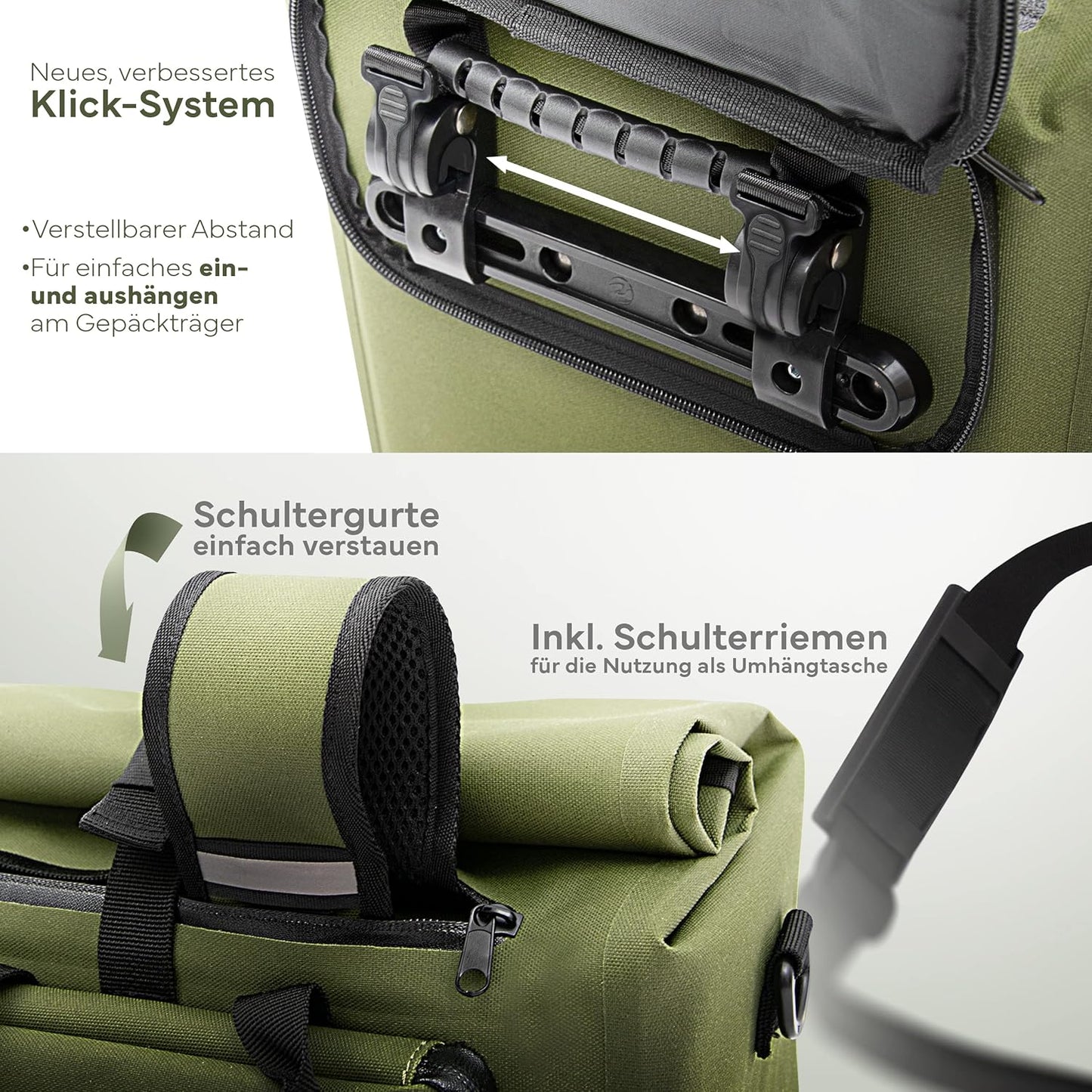 MIVELO Sacoche 3 en 1 pour porte-bagages - 100% étanche - sans PVC - Vert olive - 25L