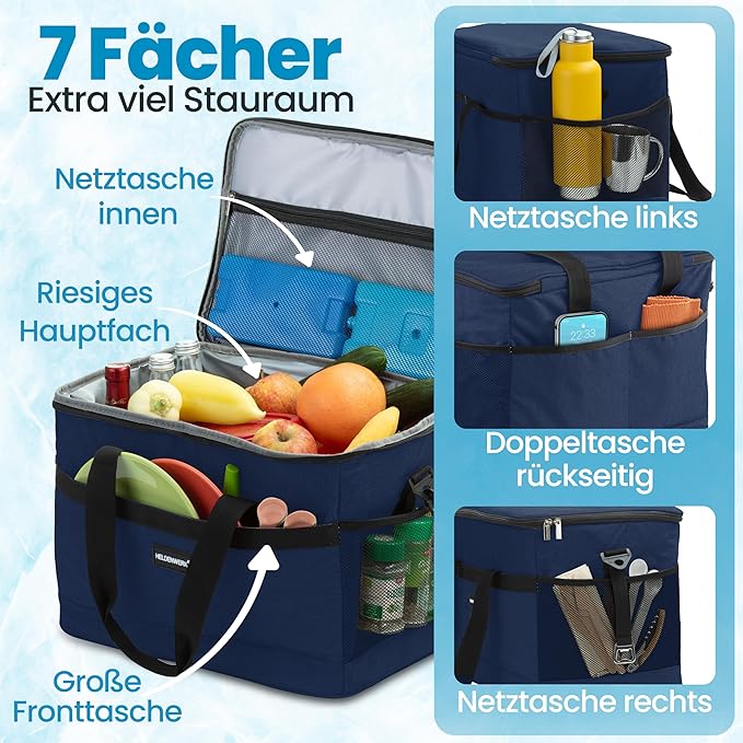 HELDENWERK grand sac isotherme pliable - glacière avec capacité de refroidissement jusqu'à 12 heures, étanche et imperméable - sac isotherme, sac à pique-nique, sac à lunch, sac isotherme avec 7 compartiments - fond renforcé