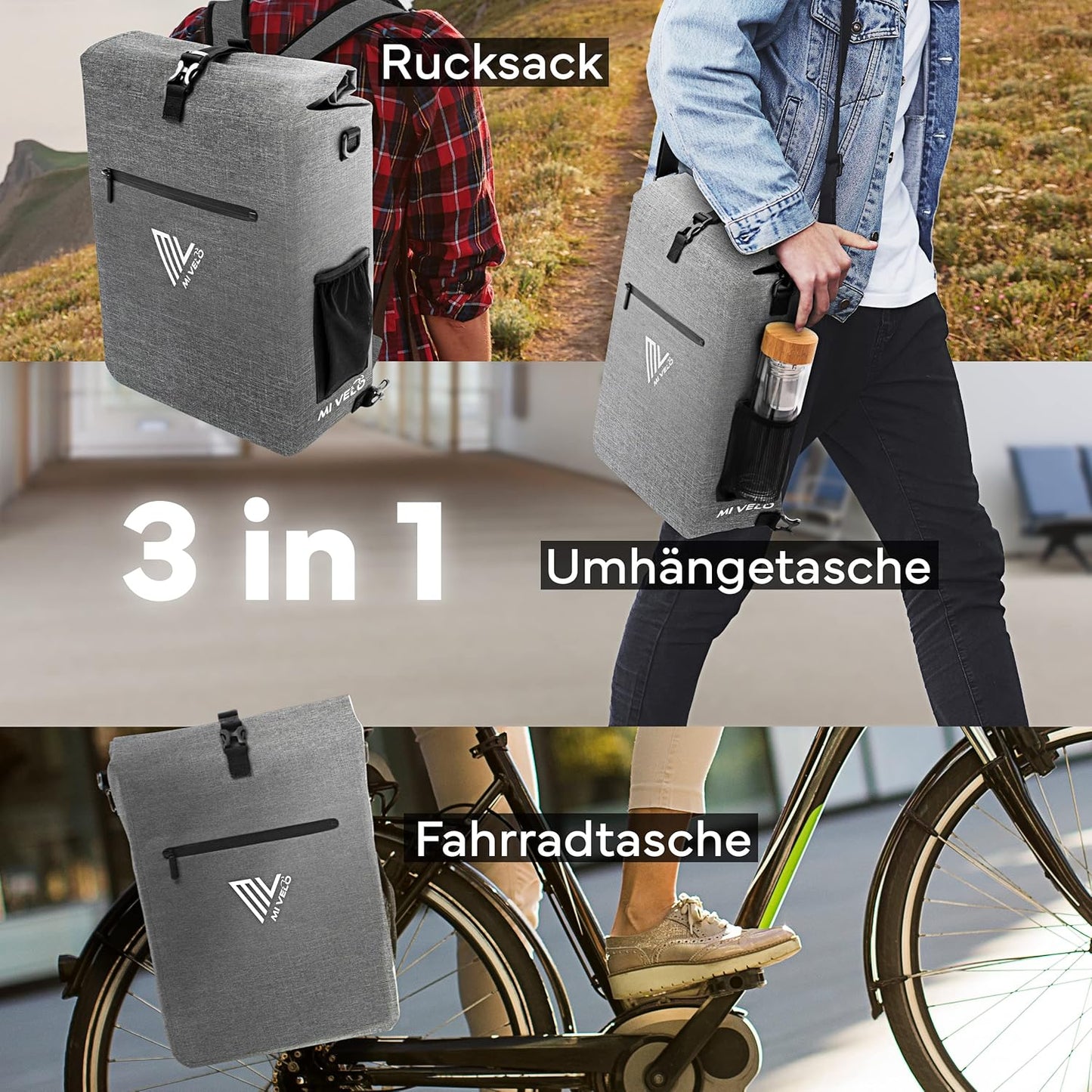 MIVELO 3-in-1 Waterproof Pannier Bagage Carrier - Sans PVC - Gris - 25 L