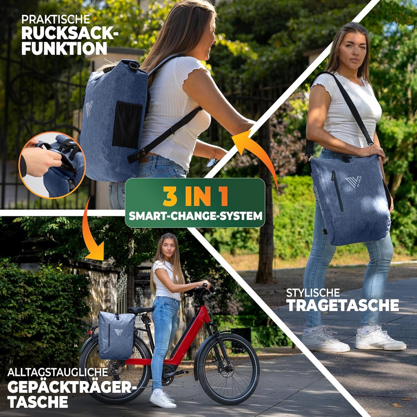 MIVELO Sacoche à vélo étanche 3-en-1 avec compartiment pour ordinateur portable et serrure - sans PVC - Bleu Jeans - 20 L
