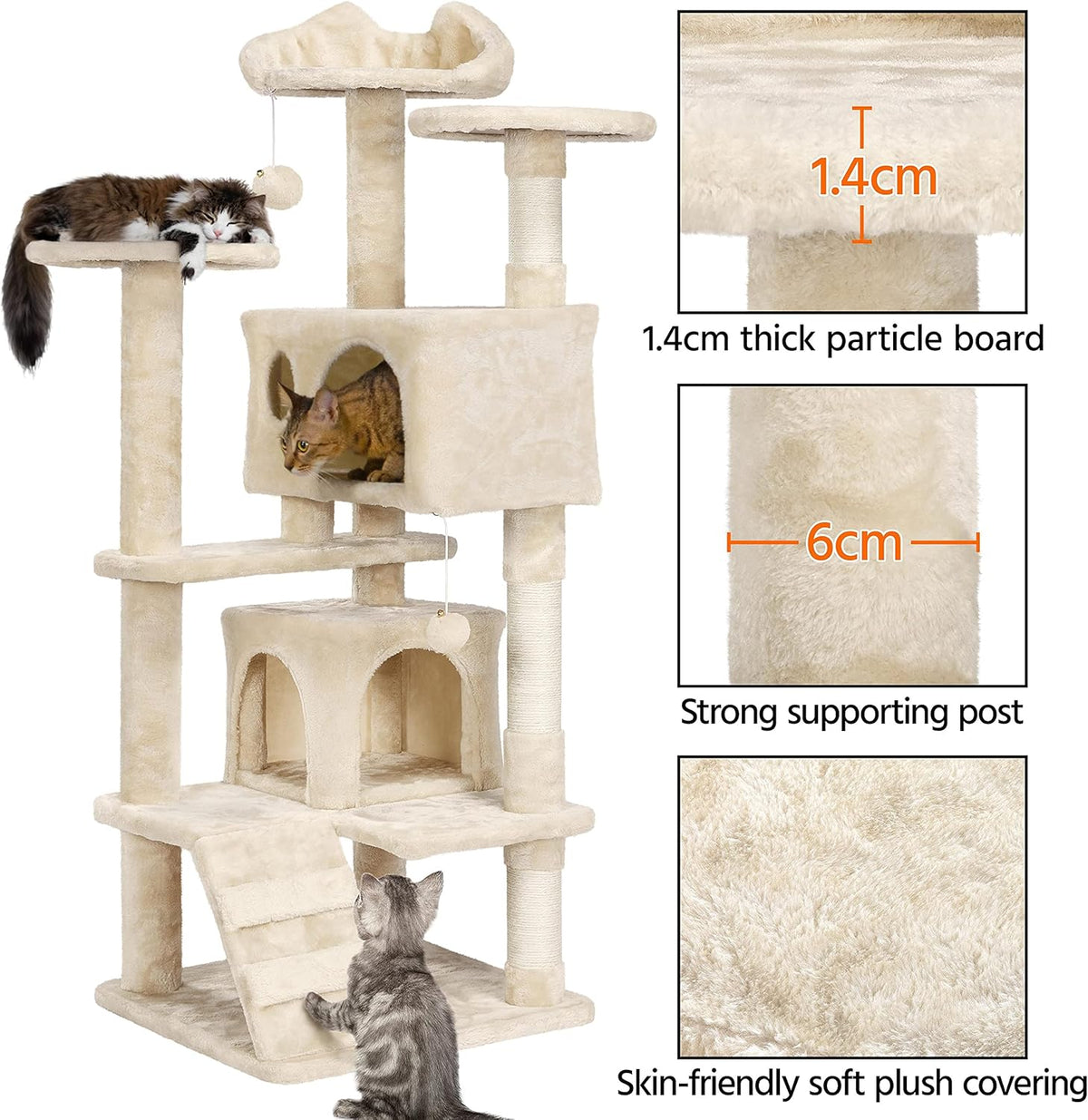 Yaheetech Griffoir pour chat 137 cm - Beige - 49 x 49 x 137 cm - Avec 2 maisons, 3 plaques et des boules de jeu en sisal