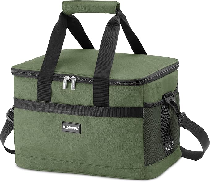 HELDENWERK Grand sac isotherme pliable - Glacière avec capacité de refroidissement jusqu'à 12 heures, étanche et imperméable - Sac thermique, sac à pique-nique, sac à lunch, sac isotherme avec 7 compartiments - fond renforcé - Vert olive