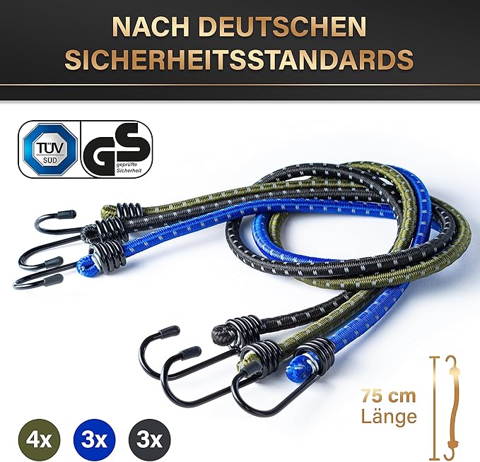 Heroism Lot de 10 sangles d'extension avec crochets - Certifiées TÜV/GS, 30-100 cm, élastiques et résistantes aux intempéries