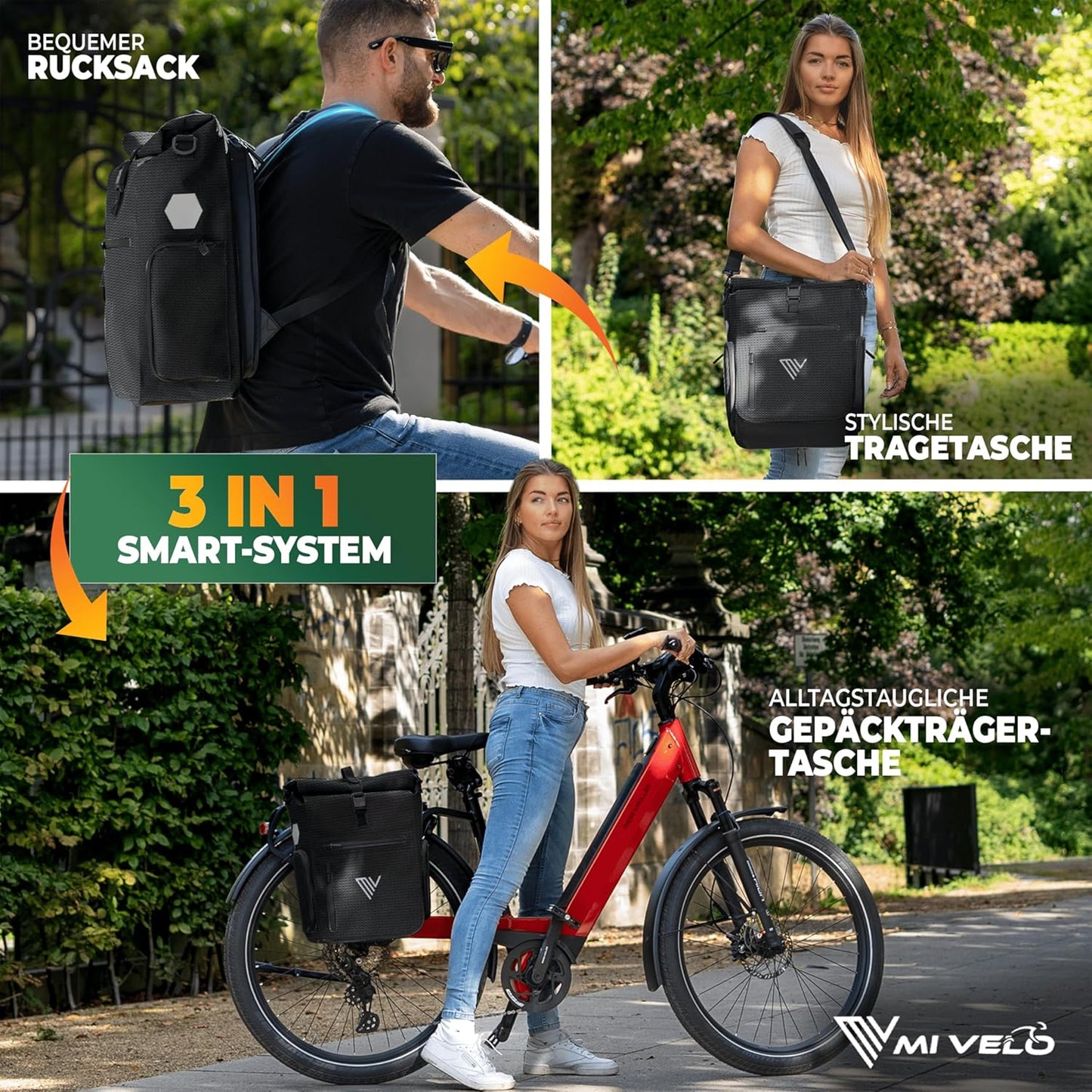 MIVELO 3-in-1 sacoche, sac à dos et sac à bandoulière étanches - 25L, noir réfléchissant - avec compartiment pour ordinateur portable et fonction de conversion rapide