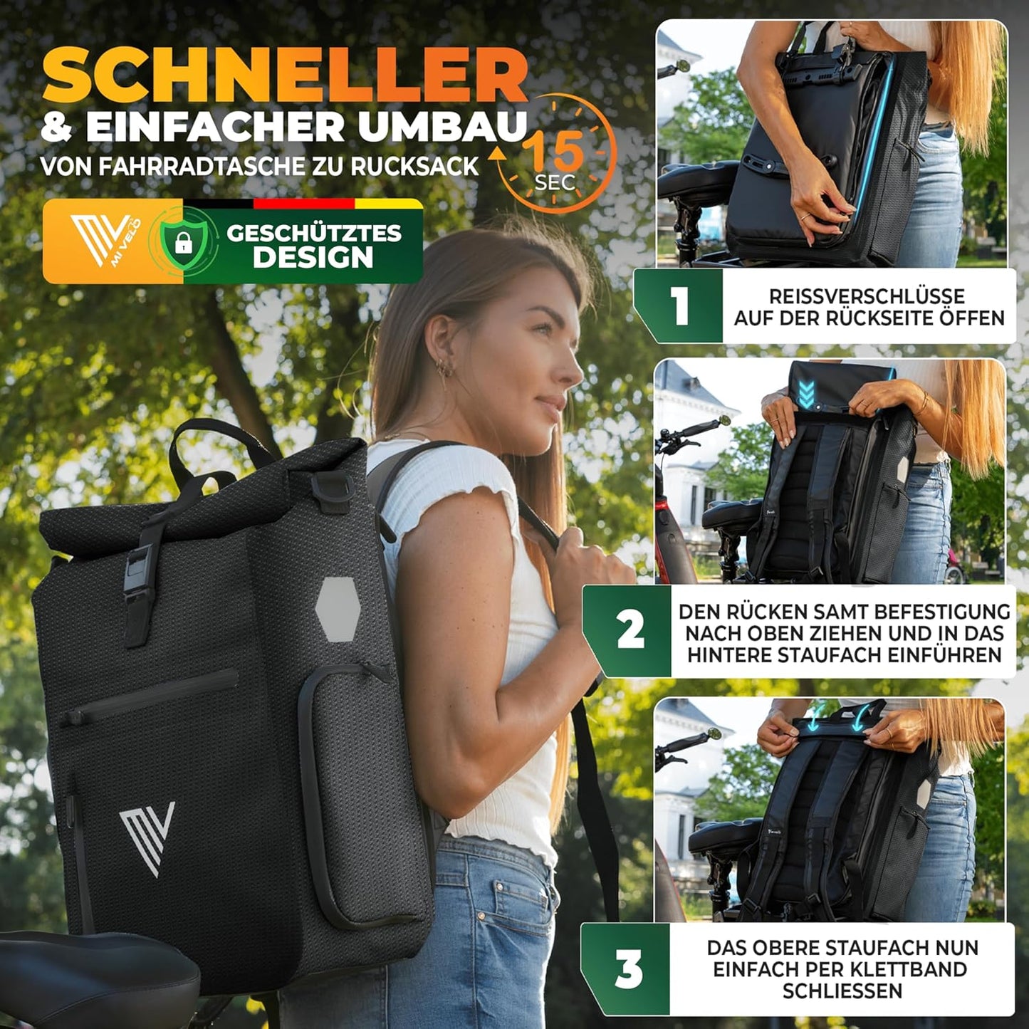 MIVELO 3-in-1 sacoche, sac à dos et sac à bandoulière étanches - 25L, noir réfléchissant - avec compartiment pour ordinateur portable et fonction de conversion rapide