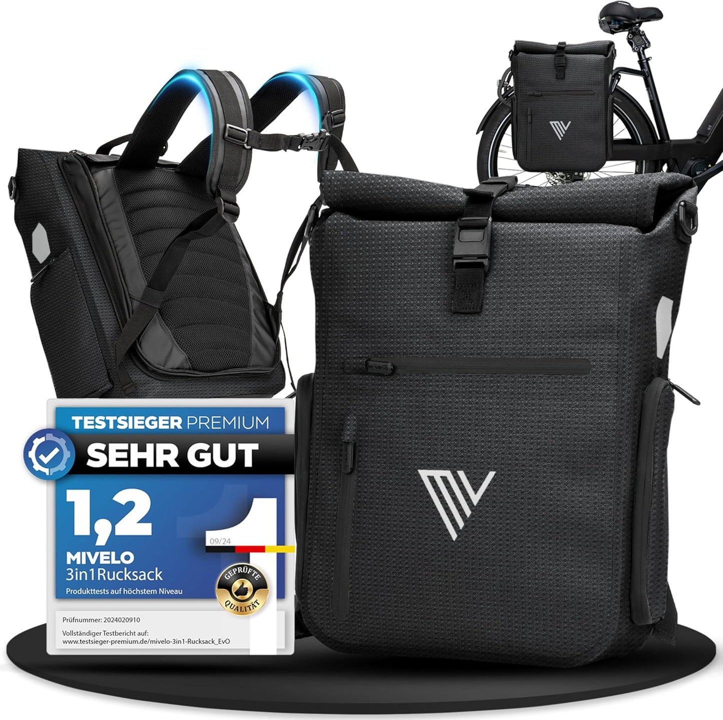 MIVELO 3-in-1 sacoche, sac à dos et sac à bandoulière étanches - 25L, noir réfléchissant - avec compartiment pour ordinateur portable et fonction de conversion rapide