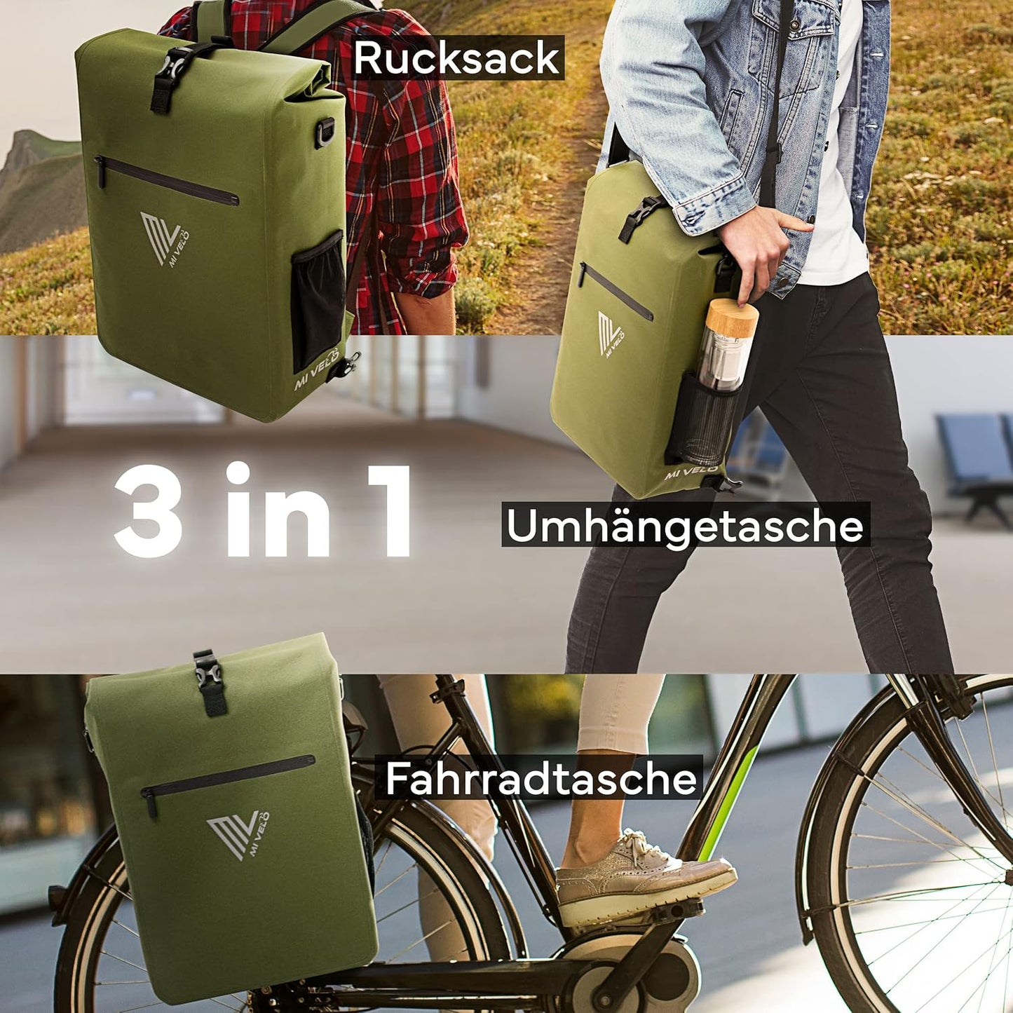MIVELO Sacoche 3 en 1 pour porte-bagages - 100% étanche - sans PVC - Vert olive - 25L