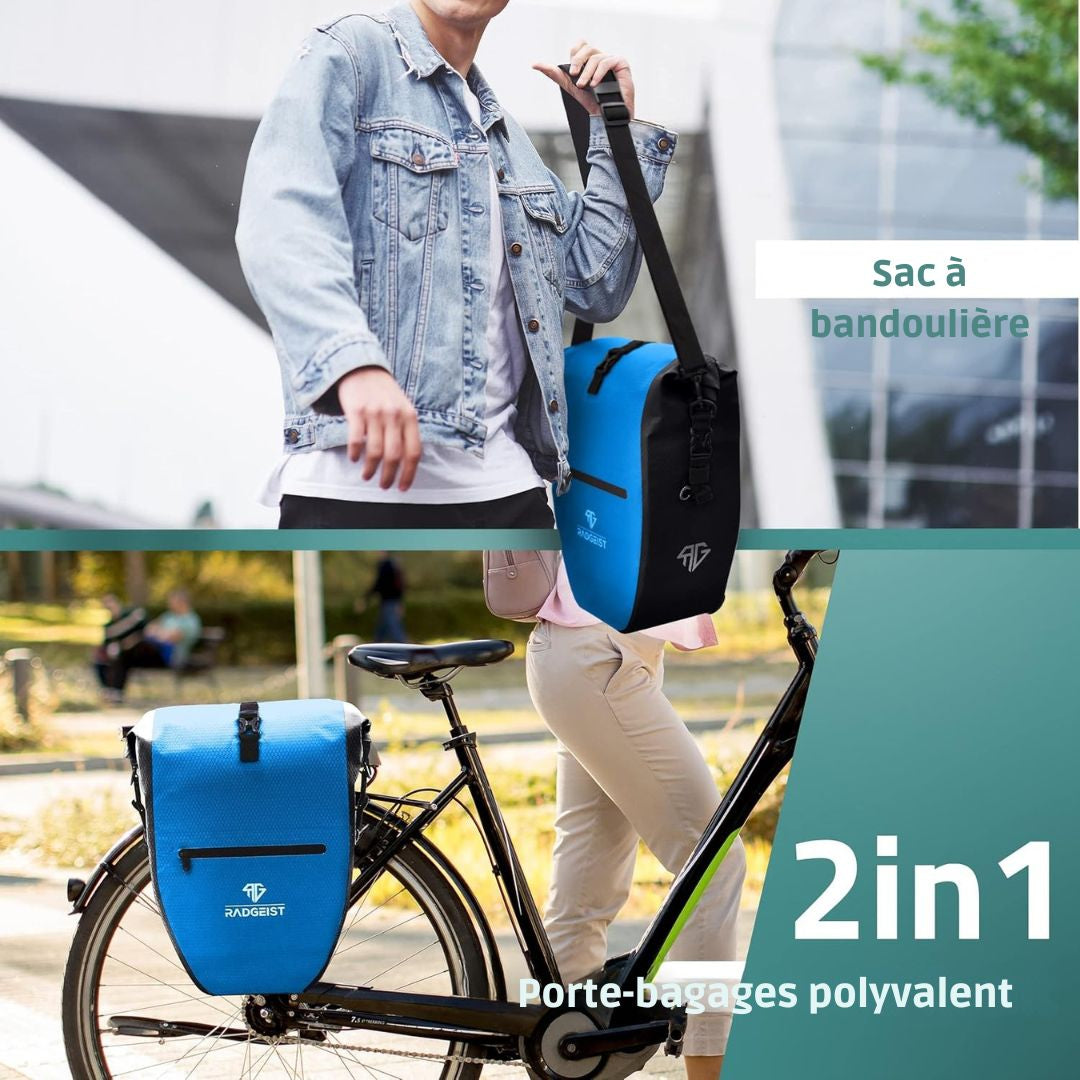Sacoche de vélo pour porte-bagages RADGEIST - étanche et sac à bandoulière - réflecteurs - bleu