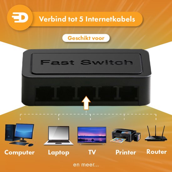 Drivv. Commutateur réseau - Jusqu'à 1000Mbps - 5 Ports - Commutateur Internet - Répartiteur RJ45 - noir