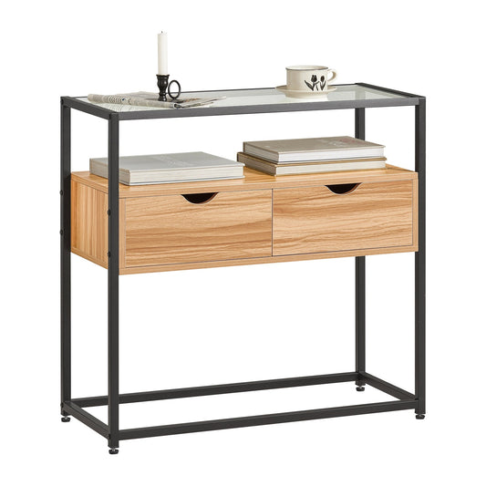 SoBuy Table d'appoint avec plateau en verre - Avec 2 tiroirs - Max. 40 kg - 81 x 35 x 78 cm - Bois/ Fer