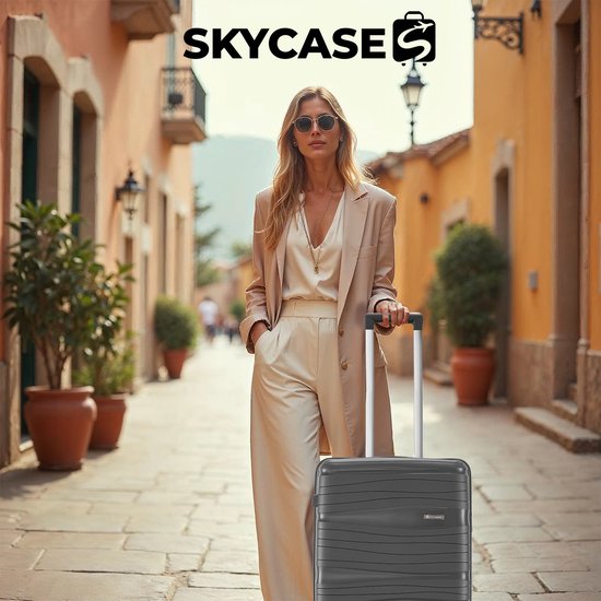 SKYCASES Travelin' Charm 4-Piece Trolley Set - Hand Luggage & Check-in Suitcases - 32L/60L/98L - Number Lock - 360° Noiseless Wheels - Lightweight & Sturdy - Modern Design - Anthracite V2