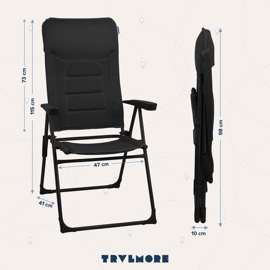 TRVLMORE Chaise de camping - 7 positions - Chaise de camping confortable - Capacité de charge de 120 kg - Position allongée - Chaise pliante - Chaise pliante - Noir
