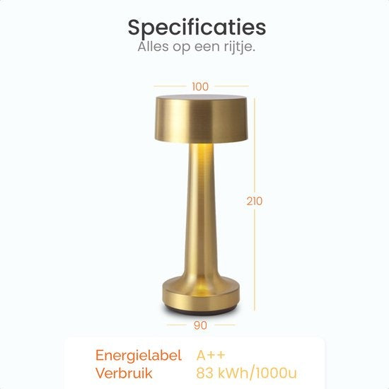 Goliving Lampe à poser Rechargeable - Sans fil et dimmable - Lampe tactile moderne - Lampe de nuit pour chambre à coucher - 21 cm - Or