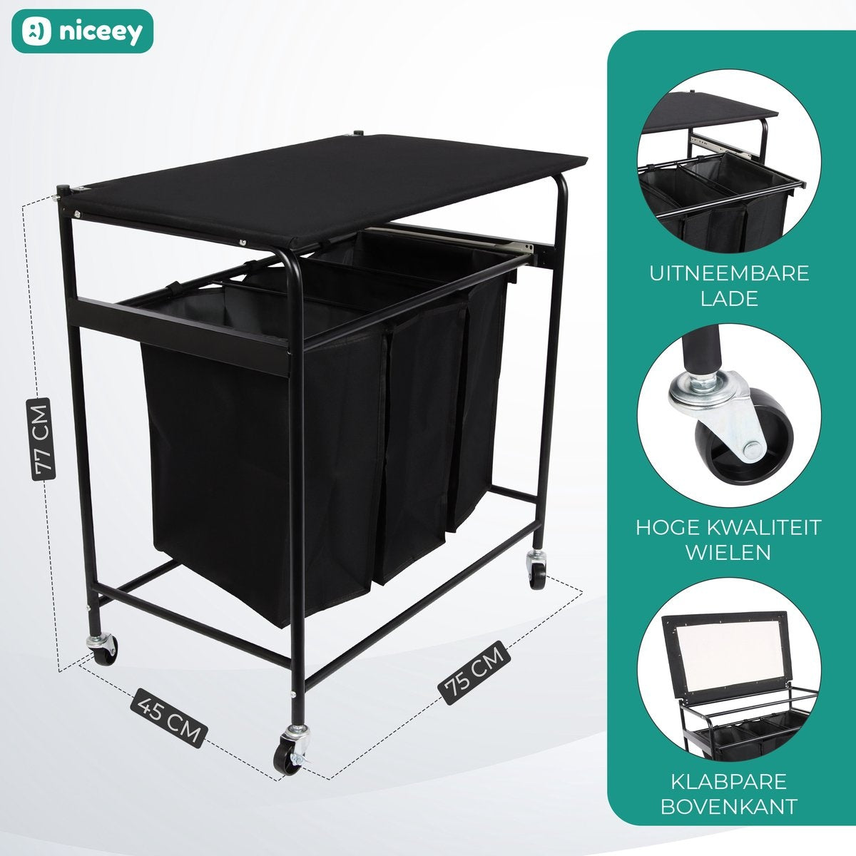 Niceey Panier à linge sur roulettes - 3 compartiments extensibles - Noir