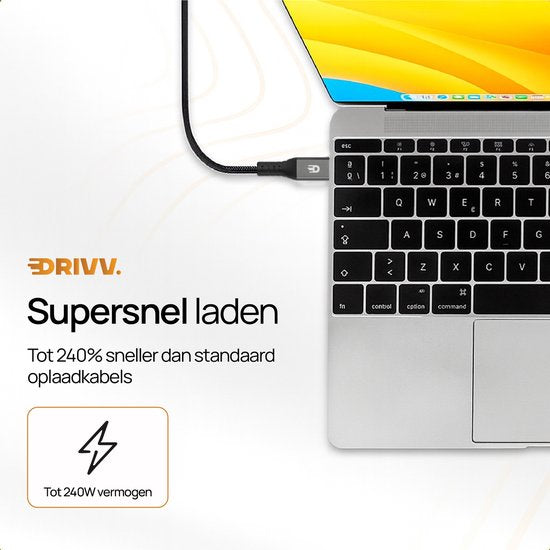 Drivv. Câble USB-C vers USB-C 4.0 - Gen 3 - Charge rapide 240 W - 8K 60 Hz - 40 Gbps - 3 mètres - Nylon - Noir