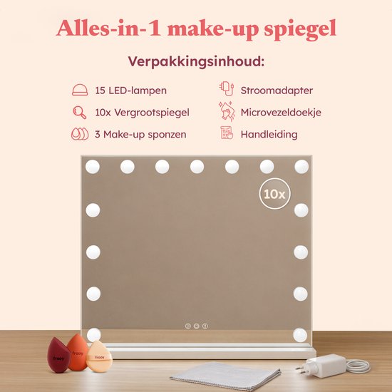 Fraay® Hollywood Mirror with Lighting 60x50cm - 3 Light modes - Luxury Make Up Mirror with 10x Magnification Mirror - LED Lighting Dimmable - Incl. 2 Beauty Blenders and Powder puff