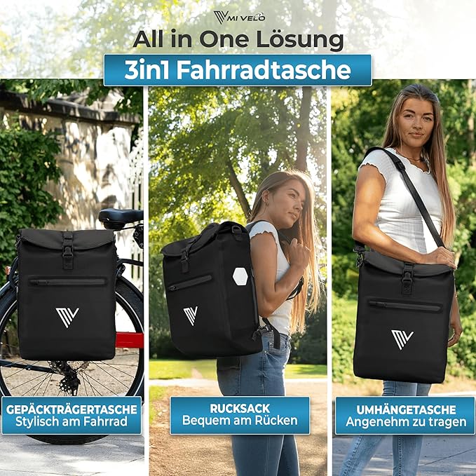 MIVELO Pannier Bag - 3-in-1 - Sac à dos - Sac de transport de bagages - Imperméable - Compartiment pour ordinateur portable - 20L