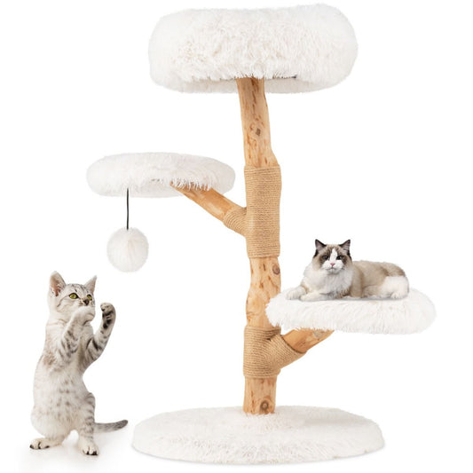 Arbre à chat Coast en bois de poirier massif 90 cm - Tour pour chat avec perchoir - Blanc