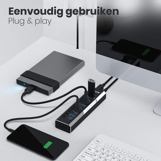 Auronic USB Hub 3.0 - Répartiteur USB avec 10 ports - avec alimentation - 5 GBP - Indication Led - Noir