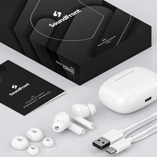 SoundFront Pro Wireless Earbuds - Ecouteurs Bluetooth - Earpods - Convient à Apple et Android - Blanc