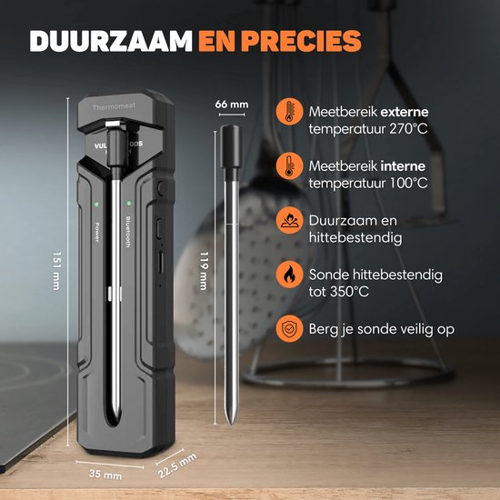 Vulpes Goods® Kitchen Meat Thermometer Wireless with App - 5-in-1 BBQ Thermometer - Oven Thermometer and Cooking Thermometer - Core Thermometer - 80m Range - 1 Probe - Stainless Steel - Water Resistant