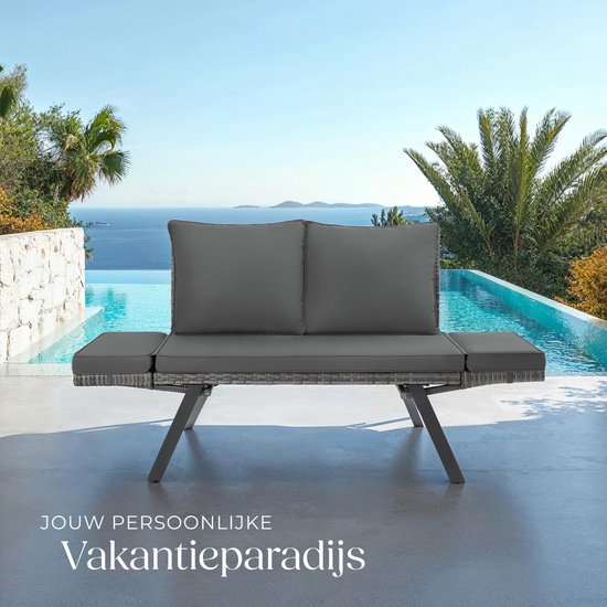 tectake® 2-in-1 Banc de jardin en osier Sintra - Mains courantes réglables - Salon de jardin - Chaise longue - Banc de salon de balcon - Coussins inclus - Canapé de salon d'extérieur - Lit de soleil résistant aux UV et aux intempéries - Gris