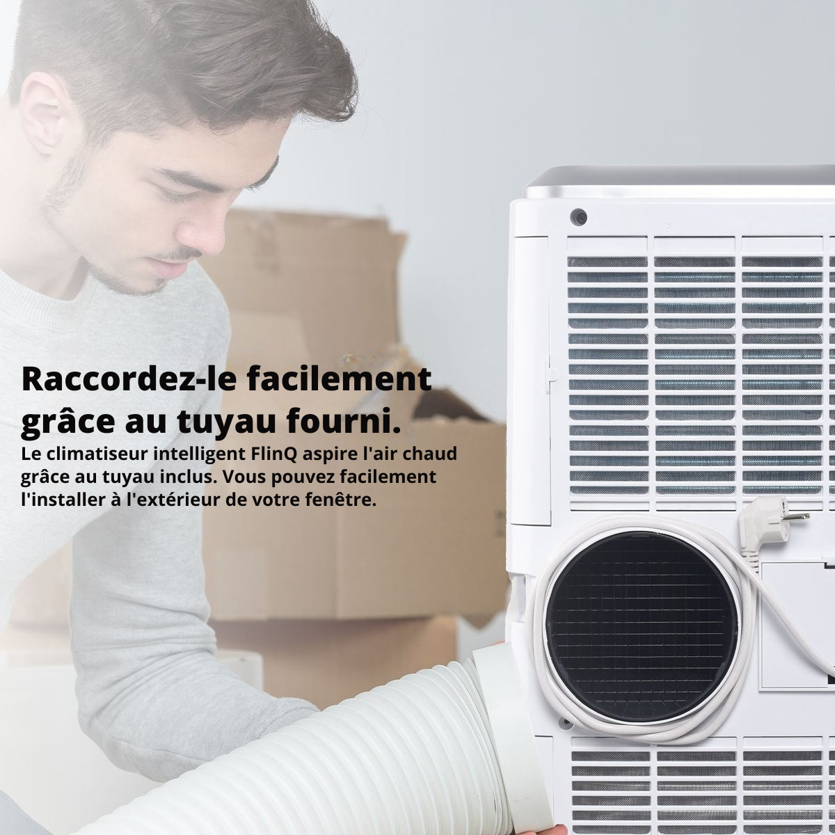 Climatiseur Mobile Intelligent FlinQ avec Tuyau de Drainage – 13 000 BTU – Fonction Sommeil Silencieux – Rafraîchit jusqu’à 50 m² – Avec Application et Télécommande – 41,5 x 41,8 x 79 cm – Blanc