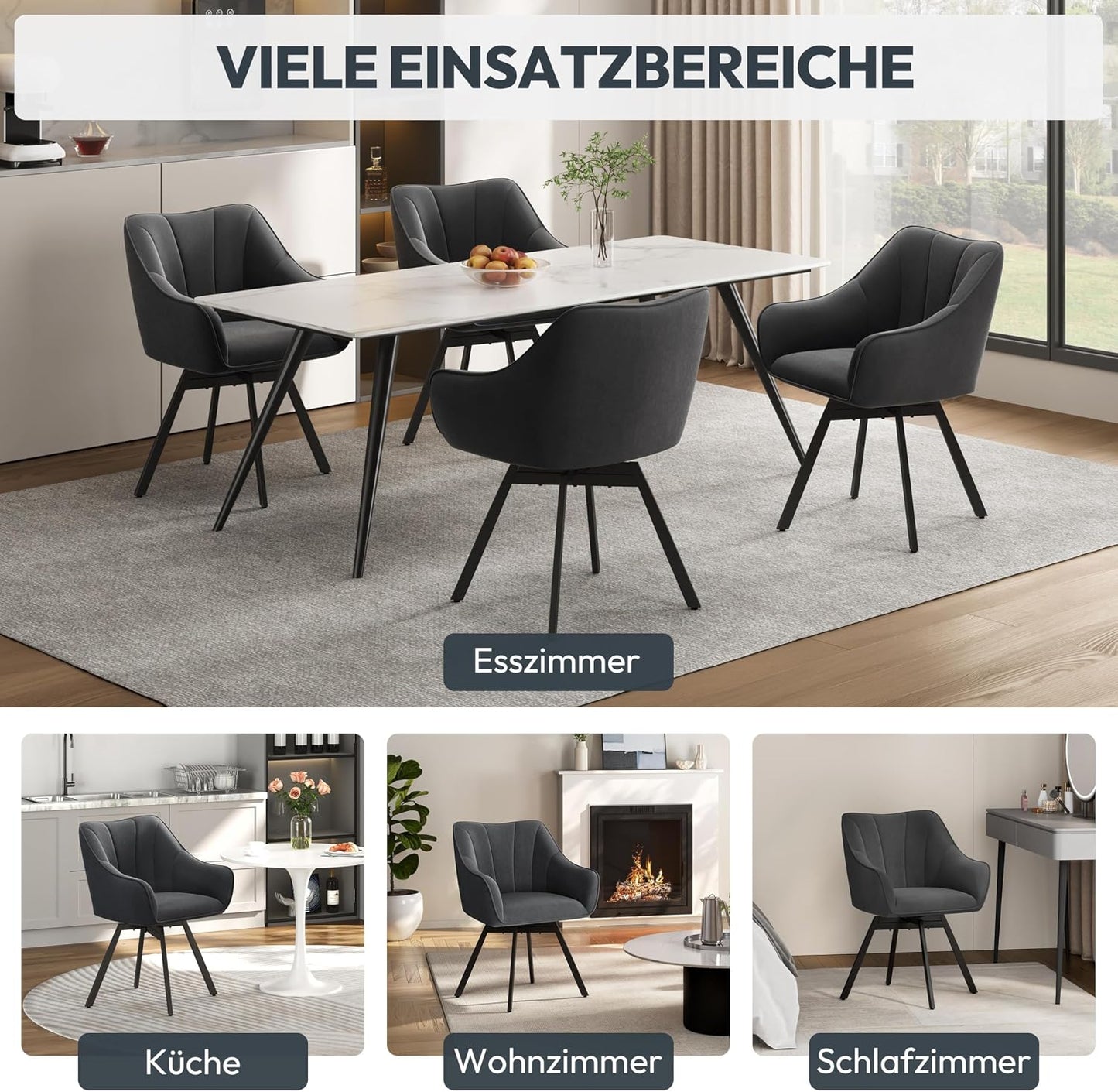 Chaise de salle à manger Yaheetech pivotante à 360° avec accoudoirs - Velours - 55 x 58,5 x 82 cm - Gris foncé